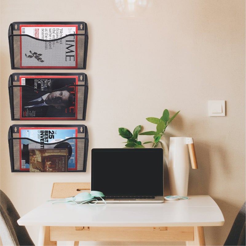 Flexzion Wall Folder File Letter Pocket Holder (6 Pack) Metal Mesh Desk Hanging Basket Box Bin Mail A4 Size Paper Document Organizer, Storage Rack Single Slot Wall Mount for Office School Home - Black - Image 5